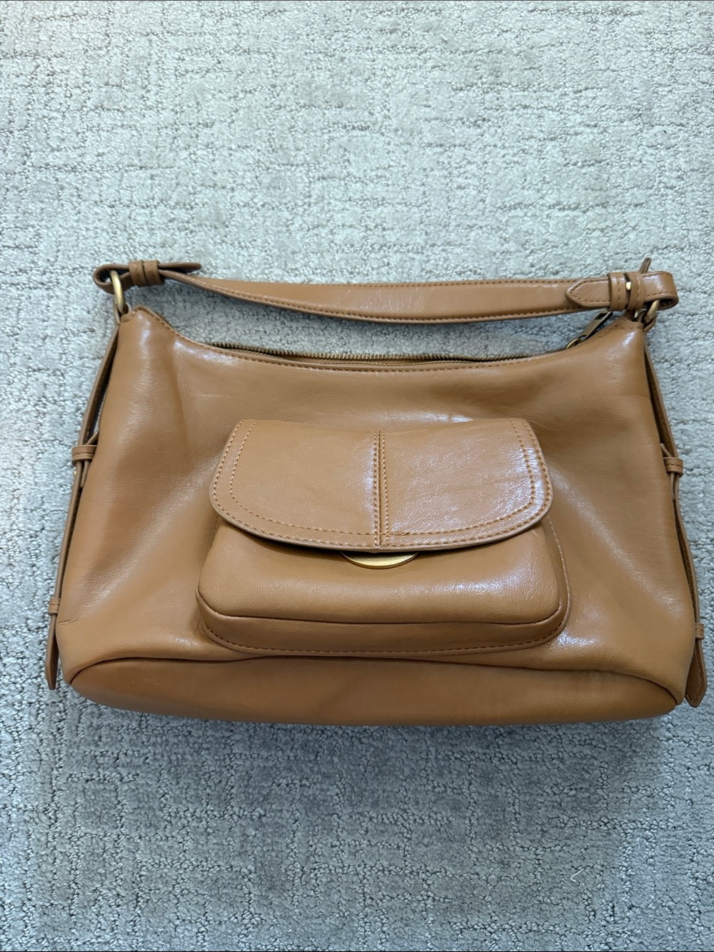 Zara Cognac Leather Shoulder Bag with Front Pocket